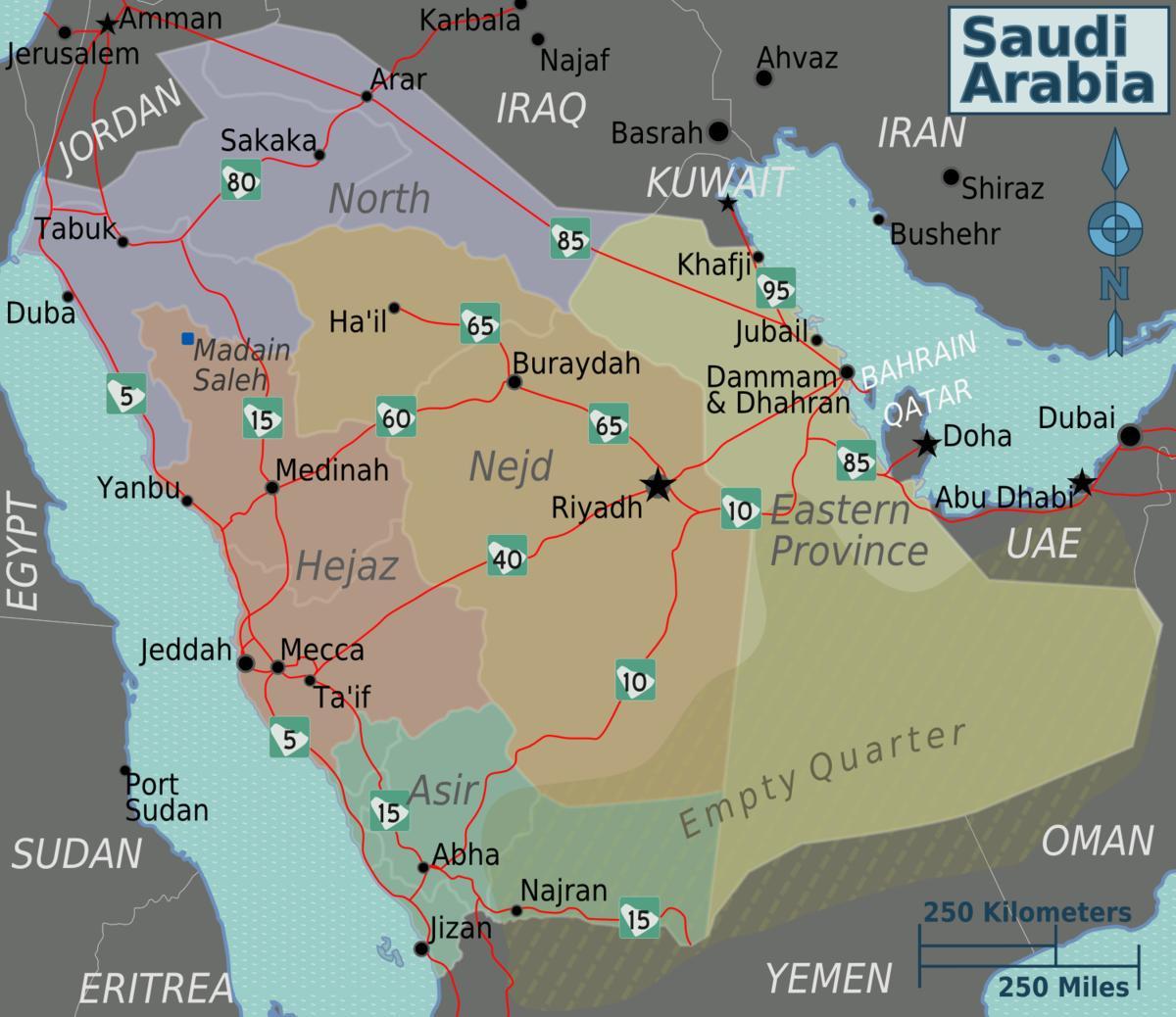 Zemljevid Savdska Arabija z mesta, oddaljenost