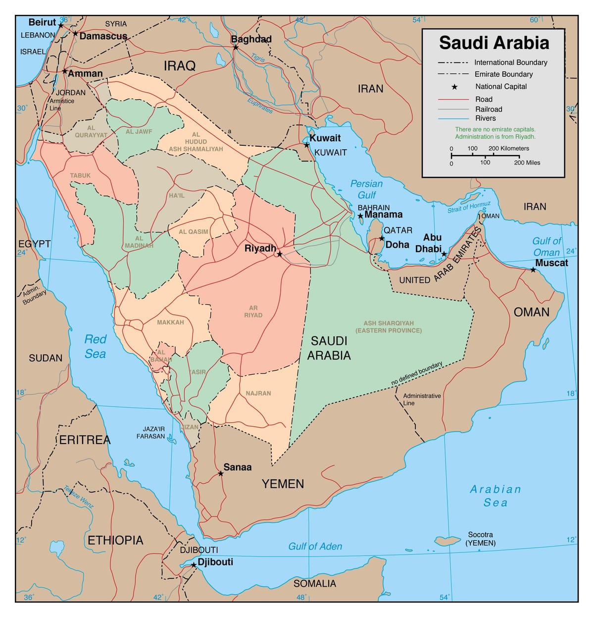 Zemljevid oris Savdska Arabija s sosednjimi državami