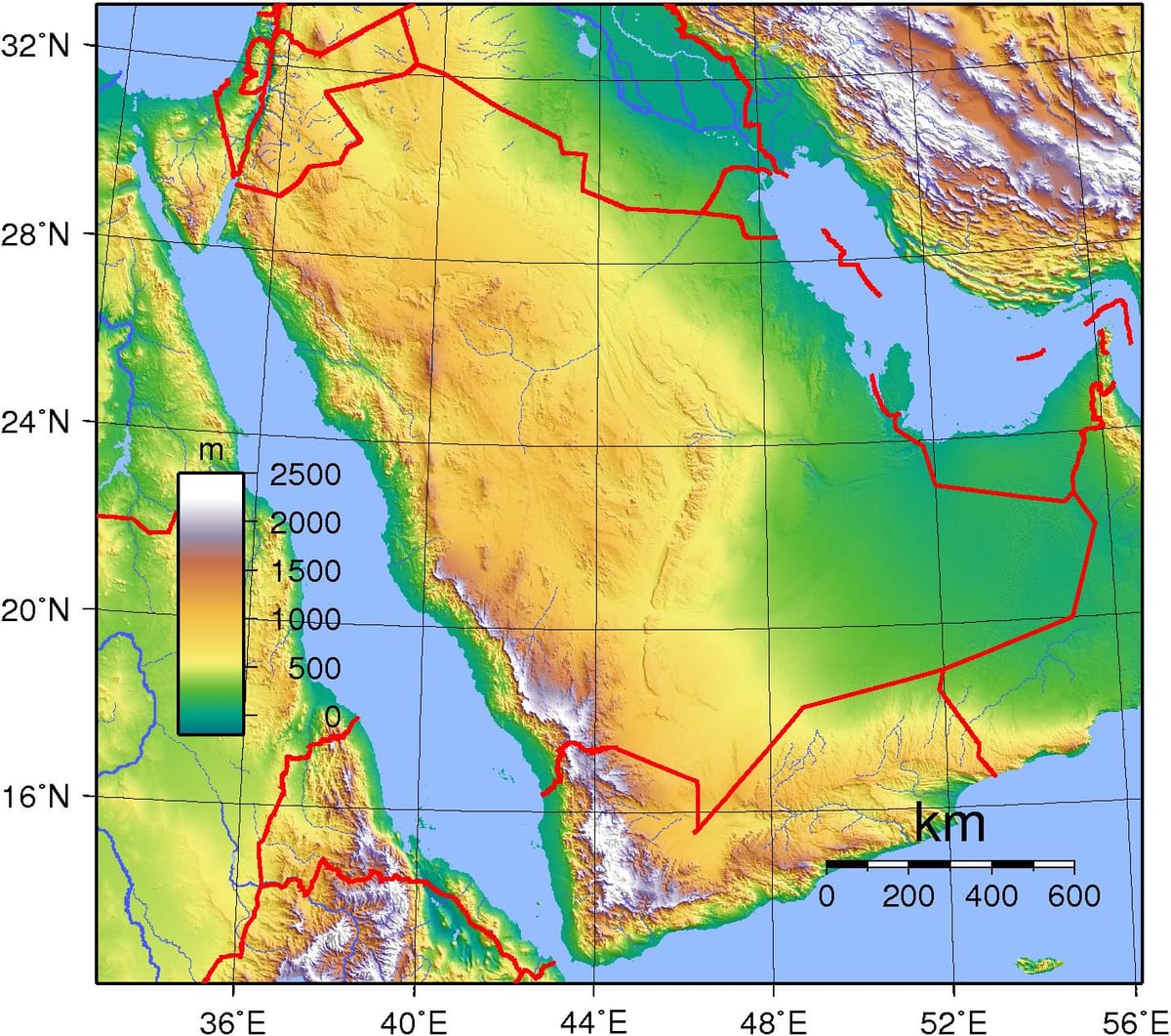 Zemljevid Savdska Arabija nadmorske višine